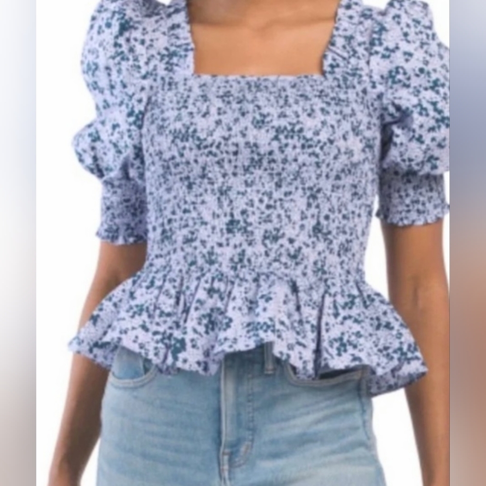 Floral Blue Smocked Women's Top